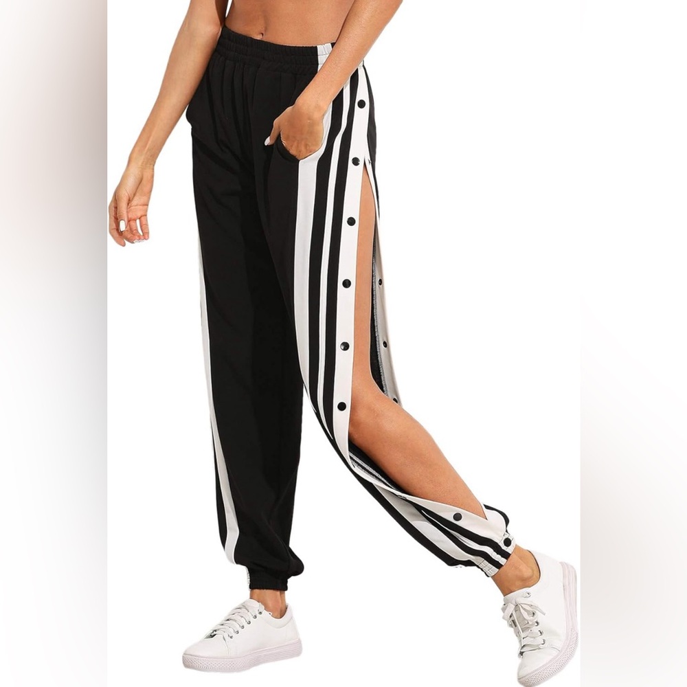 Women's Sporty High Split Side Striped Joggers Snap Button Track Pants Size XS